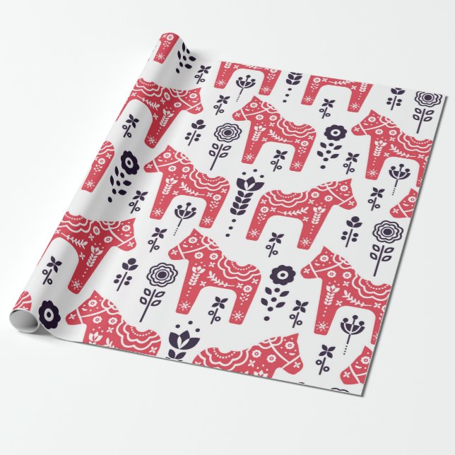 Papier Cadeau Cheval populaire suédois motif sans couture fleuri (Déroulé)