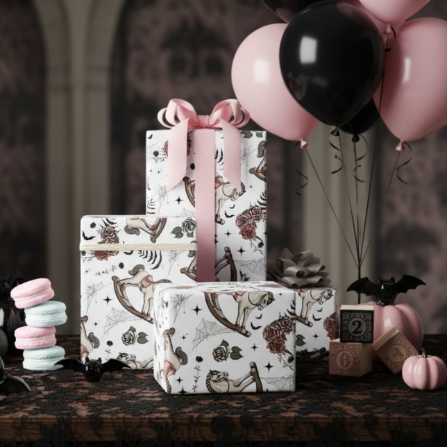 Papier Cadeau Cheval rose vintage gothique (Gothic Halloween Baby Shower for Baby Girl Wrapping Paper. Spooky Vintage Pink Rocking Horse Pattern)