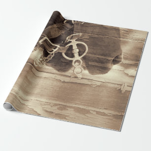 Papier Cadeau Cheval Vintage Sepia Ouest Rustique Bois Découpage