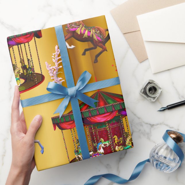 Papier Cadeau Chevaux de Carrousel de Noël en or (Cadeaux)