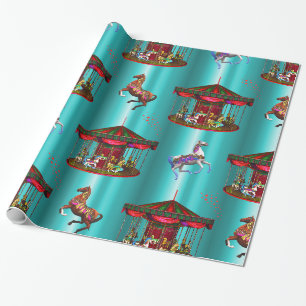 Papier Cadeau Chevaux de carrousel en bleu