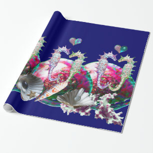 PAPIER CADEAU CHEVAUX DE MER EN AMOUR, ROSE TURQUOISE BLEU MÈRE 