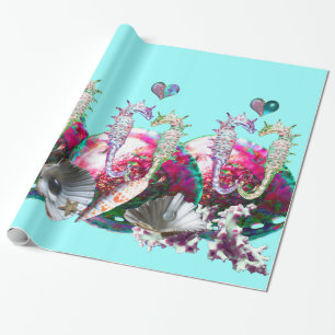 PAPIER CADEAU CHEVAUX DE MER EN AMOUR, ROSE TURQUOISE BLEU MÈRE 