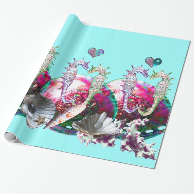 PAPIER CADEAU CHEVAUX DE MER EN AMOUR, ROSE TURQUOISE BLEU MÈRE  (Déroulé)