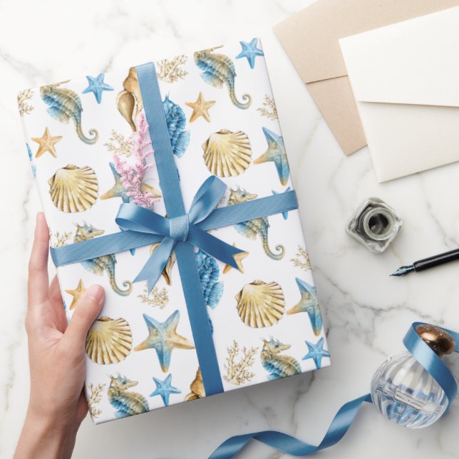 Papier Cadeau Chevaux de mer et coquillages en blanc (Cadeaux)