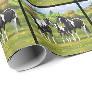Papier Cadeau Chevaux De Peinture De Pinto Noir En Pâturage Été