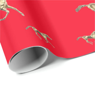 Papier Cadeau Chevaux d'or sur le papier rouge d'emballage