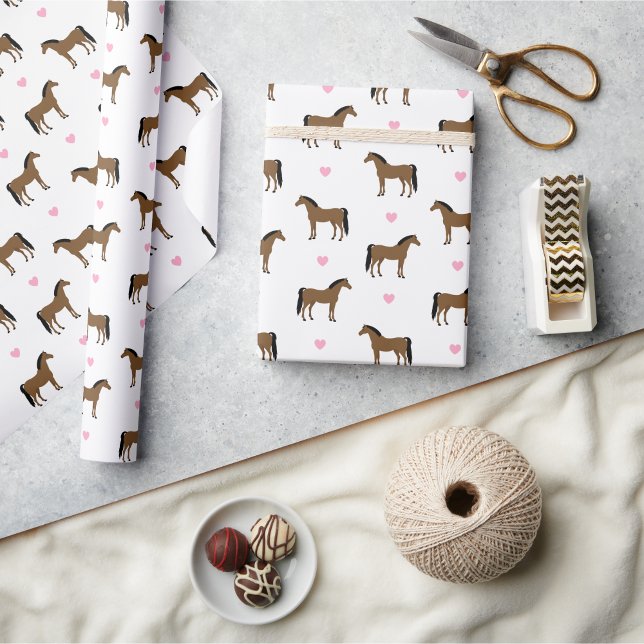 Papier Cadeau Chevaux et Coeurs roses (Horses and pink hearts Wrapping Paper)