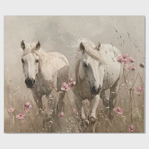 Papier Cadeau Chevaux gris Fleurs roses Peinture à l'huile Décou