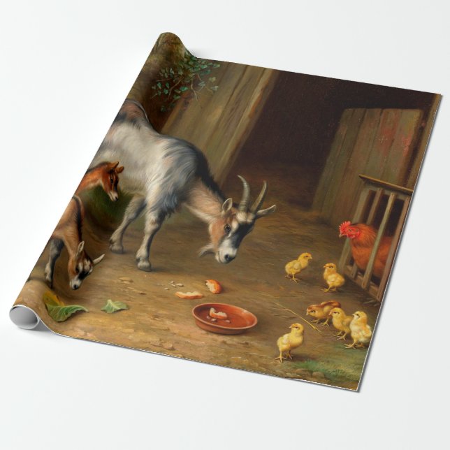 Papier Cadeau Chèvres Et Poulets À La Ferme (Déroulé)