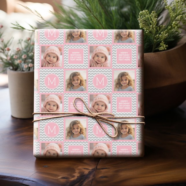 Papier Cadeau Chevrons gris et rose - Photo et monogramme (Personalized Photo Wrapping Paper)