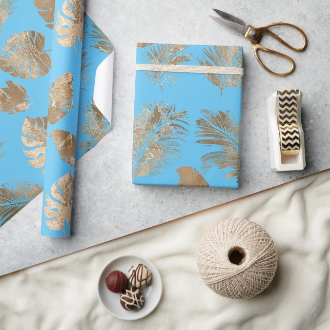Papier Cadeau Chic Aqua Blue Gold Feuilles tropicaux (Artisanat)