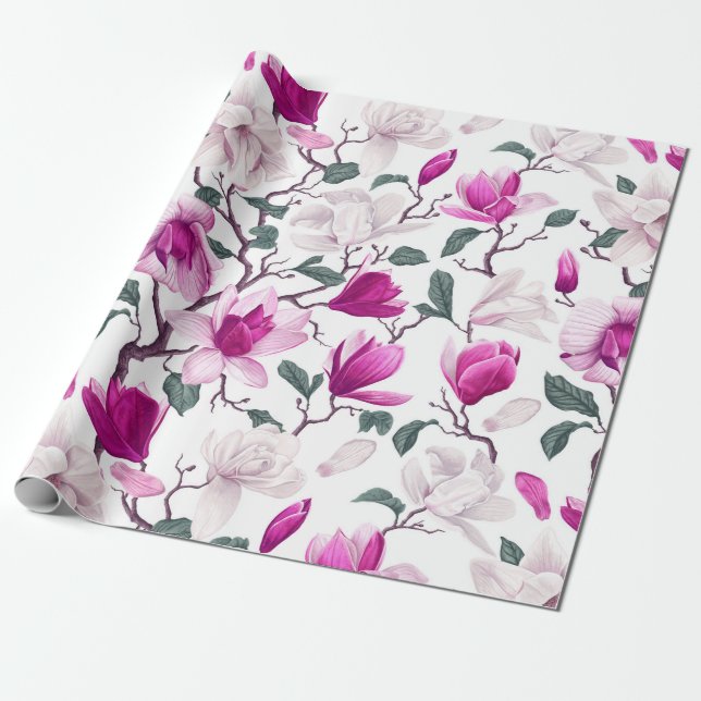 Papier Cadeau Chic Aquarelle Blanc Hot rose Magnolias Motif (Déroulé)