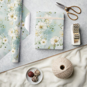 Papier Cadeau Chic Aquarelle pastel vert et blanc fleurs sauvage