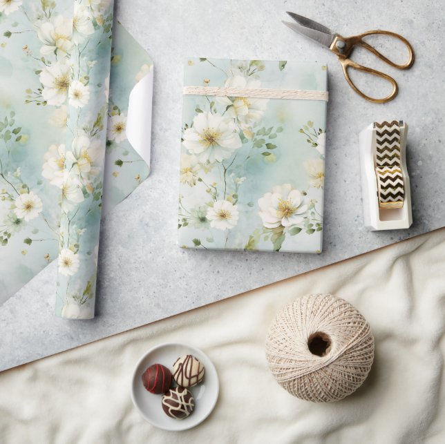Papier Cadeau Chic Aquarelle pastel vert et blanc fleurs sauvage (Artisanat)