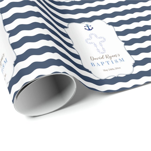 Papier Cadeau Chic Baptême Nautique Vagues Ancre (Coin rond)