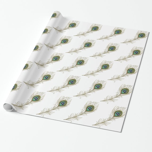 Papier Cadeau Chic blanc Peacock Feather (Déroulé)