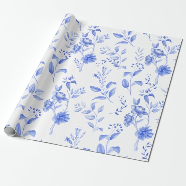 Papier Cadeau Chic Bleu Blanc Chinoiserie Floral Porcelaine (Déroulé)