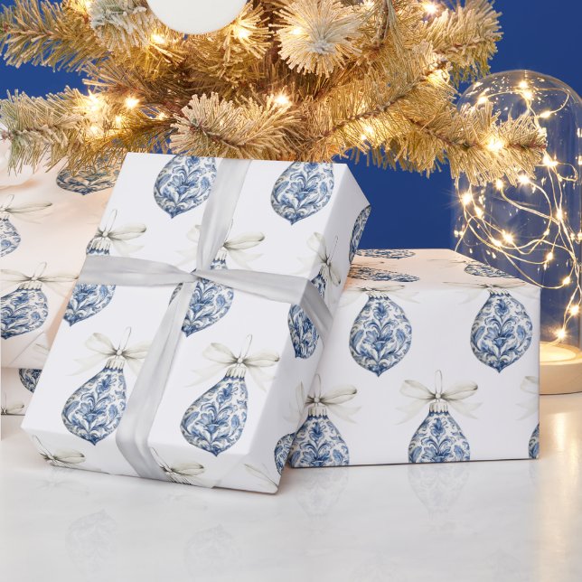 Papier Cadeau Chic Blue White Bows Ornaments Christmas (Vacances)