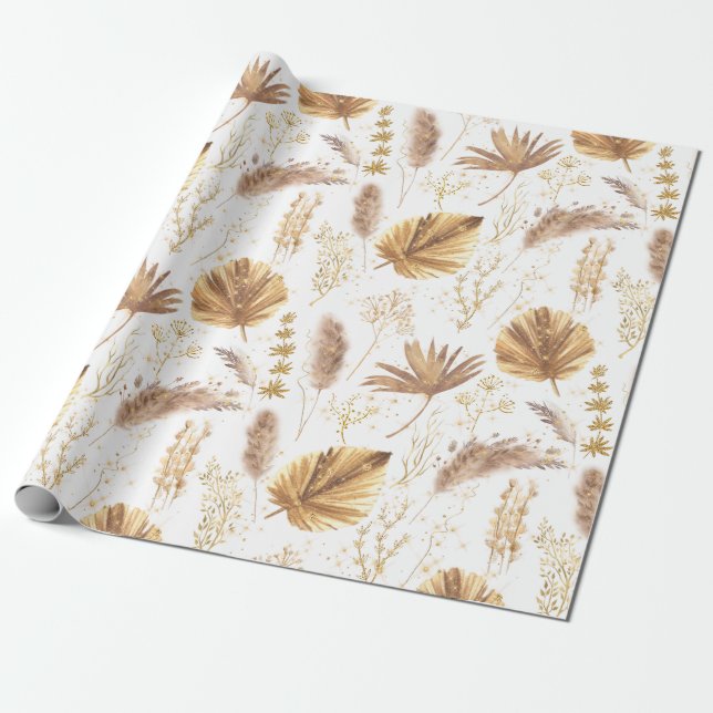 Papier Cadeau Chic Boho Pampas Palm Feuille Faux Parties scintil (Déroulé)