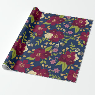 Papier Cadeau Chic Bourgogne, Marine Bleu et Mariage d'or Floral