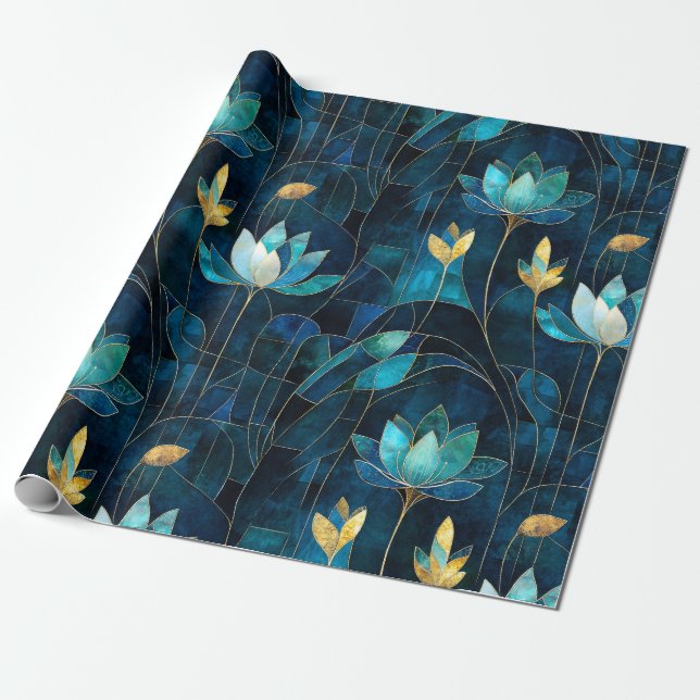 Papier Cadeau Chic chrysanthème turquoise (Déroulé)
