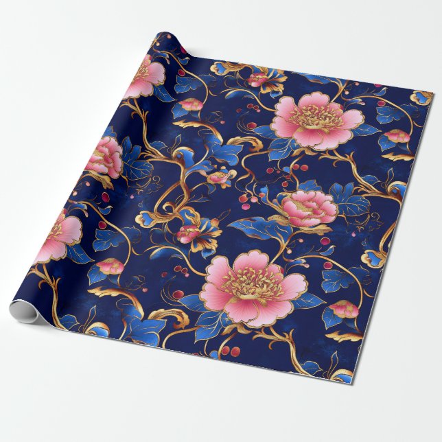 Papier Cadeau Chic cobalt bleu rose motif floral (Déroulé)