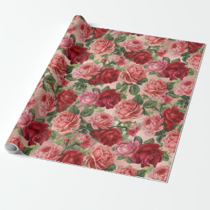 Papier Cadeau Chic Elegant Vintage Rose Rouge Roses Floral