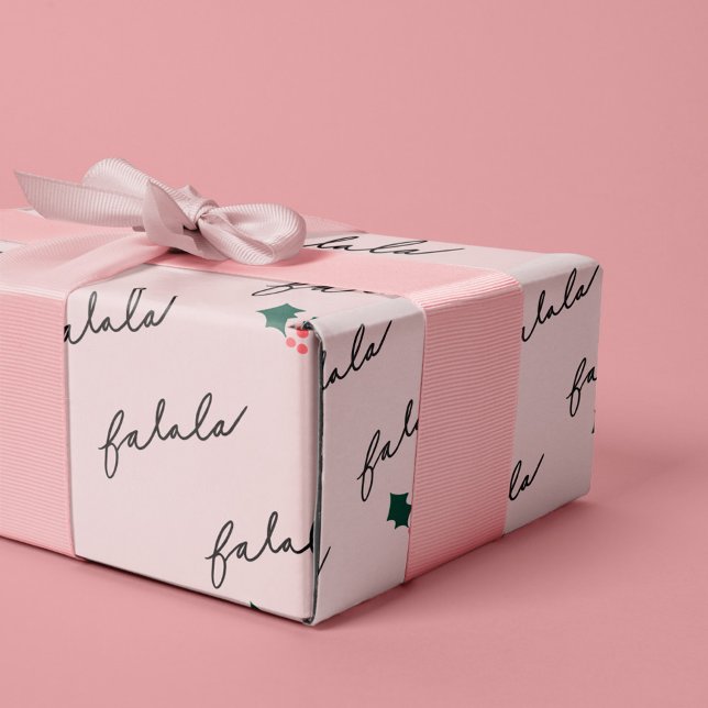Papier Cadeau Chic Fa La La Hand Lettrant rose Festive Holly (Chic Fa La La Hand Lettering Pink Festive Holly Wrapping Paper)
