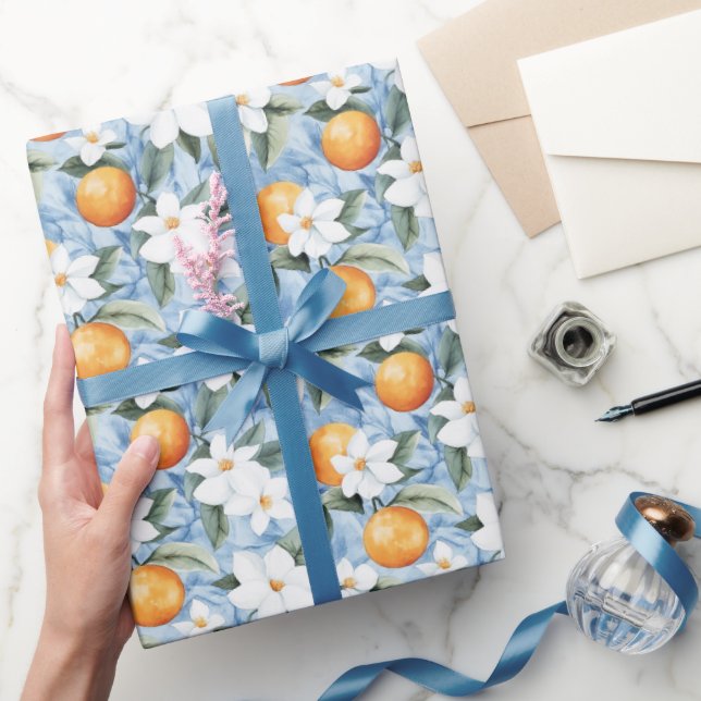 Papier Cadeau Chic Fleurs Blanches Bleues Oranges Baby Shower (Cadeaux)