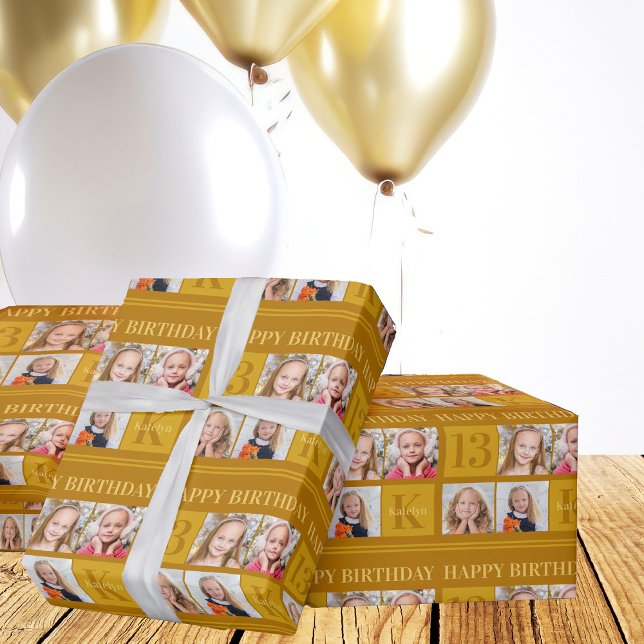 Papier Cadeau Chic Gold 4 Photo Collage Personnalisé Anniversair (Créateur téléchargé)
