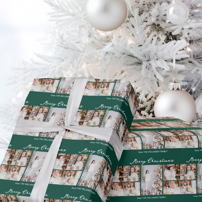 Papier Cadeau Chic Green Merry Christmas Photo Collage (Créateur téléchargé)