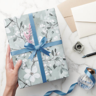 Papier Cadeau Chic Gris Bleu Blanc Fleurs Douce Mariée
