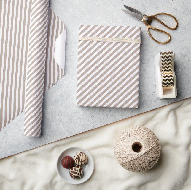 Papier Cadeau Chic gris taupe clair marron blanc motif rayures (Artisanat)