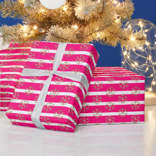 Papier Cadeau Chic hot pink white gold stripes and snowflakes