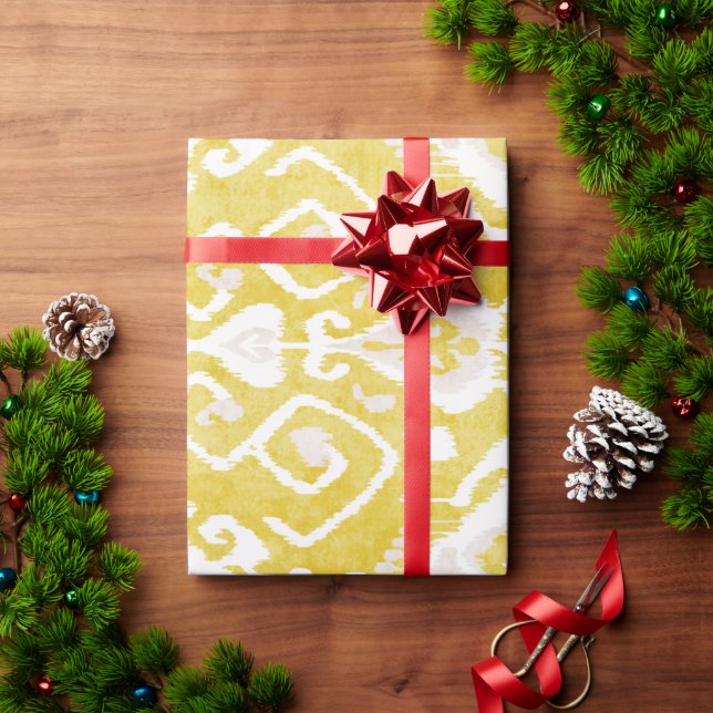 Papier Cadeau Chic jaune et gris damask ikat motif tribal (Cadeau de vacances)