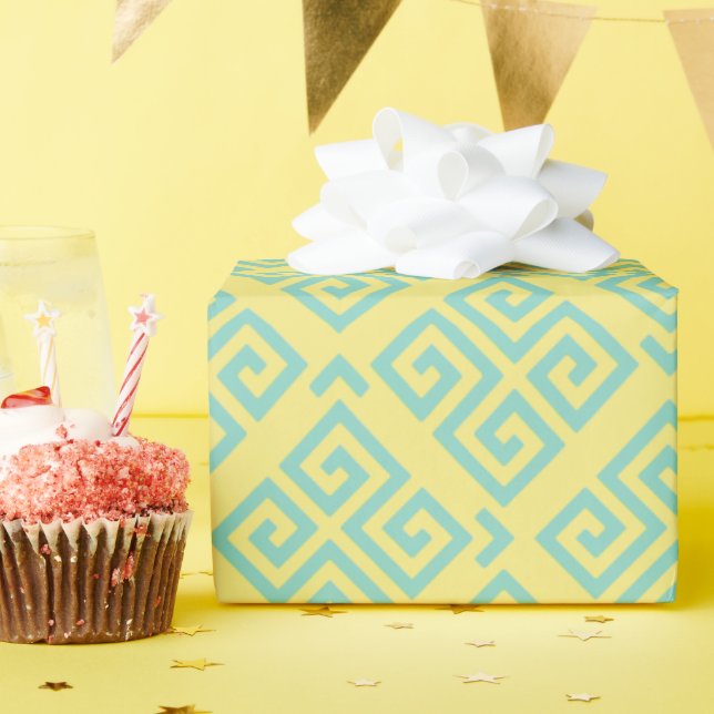 Papier Cadeau Chic jaune grec clé motif géométrique monogramme (Fête d'anniversaire)