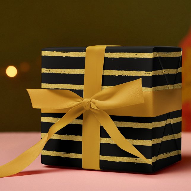 Papier Cadeau Chic luxe rayé Noir & Or (Créateur téléchargé)