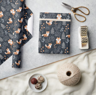 Papier Cadeau Chic marine bleu et orange boisé animaux renard
