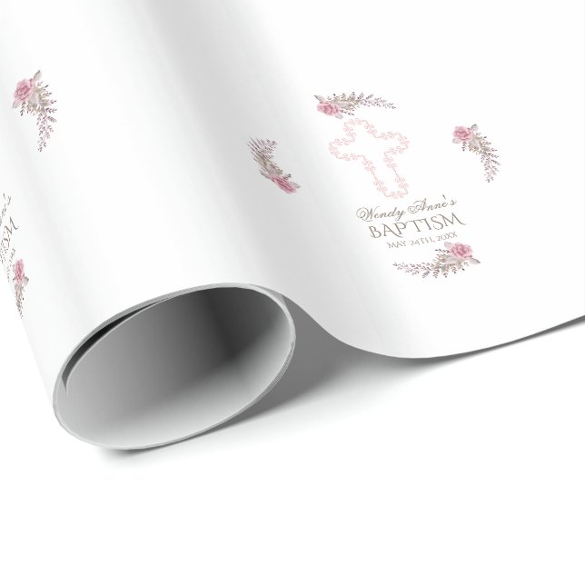 Papier Cadeau Chic Marsala Maroon Floral Girl Baptism (Coin rond)
