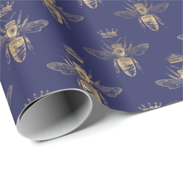 Papier Cadeau Chic Navy Blue Gold Queen Bee Motif (Coin rond)