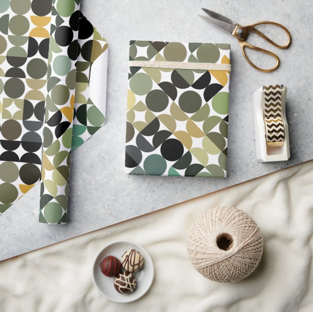 Papier Cadeau Chic Olive Green Taupe Cercles beiges Art Motif (Artisanat)