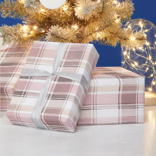 Papier Cadeau Chic Rose Crème Blanche Plaid Stripes Noël