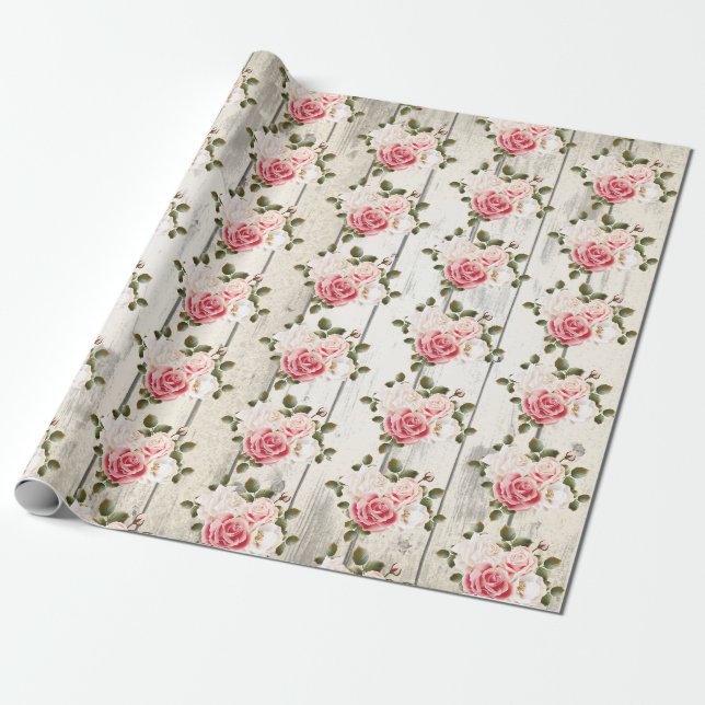 Papier Cadeau Chic Rose et rustique chalet Shabby Grange bois (Déroulé)