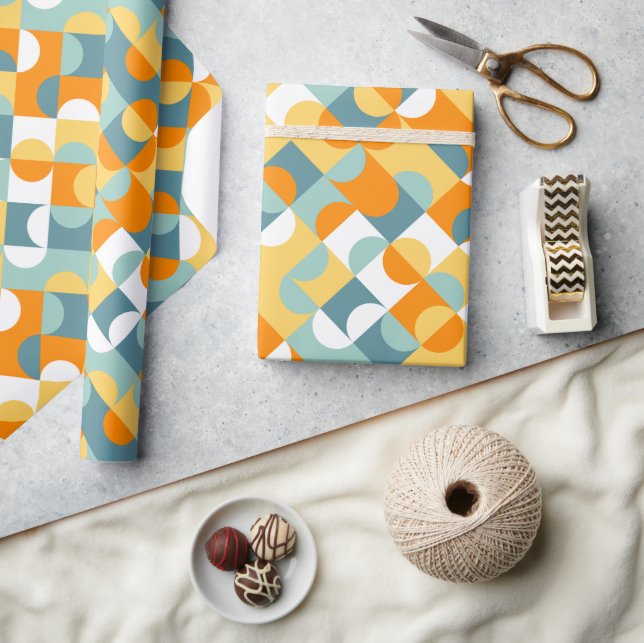 Papier Cadeau Chic Sunny Orange Turquoise Cercles Bleus Motif d' (Artisanat)