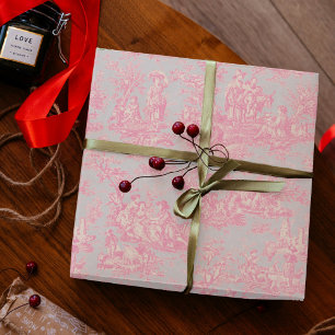 Papier Cadeau Chic Vintage Bleu Rose Motif Toile de Jouy