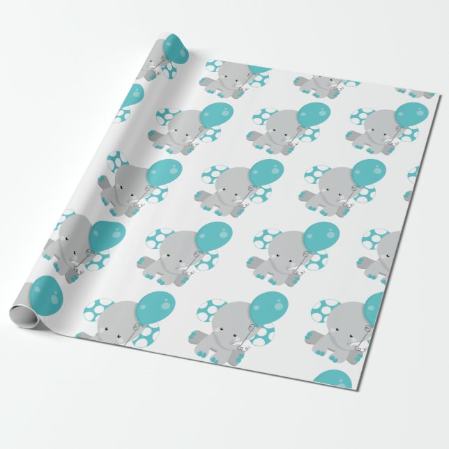 Papier Cadeau Chic Wood Eléphant Turquoise Genre bébé neutre (Déroulé)