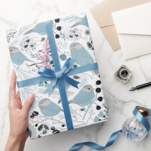 Papier Cadeau Chickadees doux et bleu, noir mignons, et gris