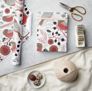 Papier Cadeau Chickadees Motif Gris Rouge avec Floral