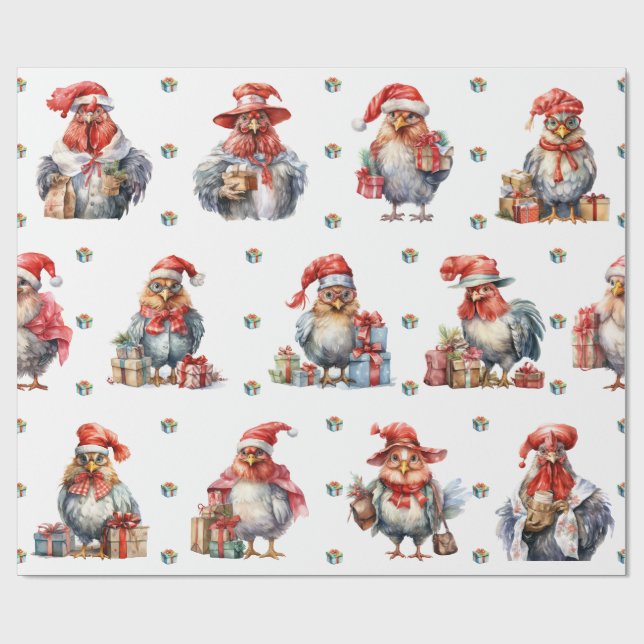 Papier Cadeau Chicken amusant Noël Vacances Shoppers Blanc (Plat)